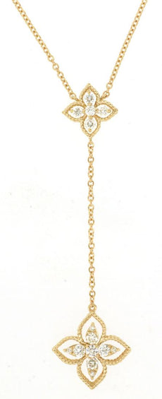 .31CT DIAMOND 14KT YELLOW GOLD 3D CLASSIC DOUBLE FLOWER LARIAT FUN LOVE NECKLACE