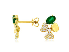 1.12CT DIAMOND & AAA EMERALD 14K YELLOW GOLD OVAL 3 LEAF CLOVER HANGING EARRINGS