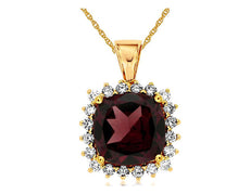 5.05CT DIAMOND & AAA GARNET 14KT YELLOW GOLD 3D CUSHION & ROUND FLOATING PENDANT