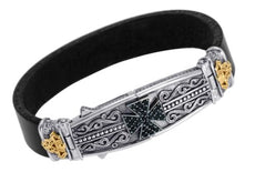 18K YELLOW GOLD & 925 SILVER AAA BLACK SPINEL CROSS 3D FILIGREE RUBBER BRACELET