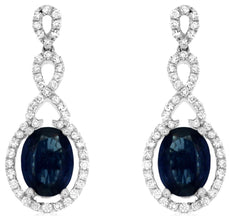 2.42CT DIAMOND & AAA SAPPHIRE 14KT WHITE GOLD 3D OVAL & ROUND HANGING EARRINGS
