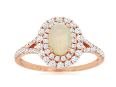 1.0CT DIAMOND & AAA OPAL 14KT ROSE GOLD OVAL & ROUND DOUBLE HALO FLOWER FUN RING