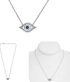 .18CT DIAMOND & AAA SAPPHIRE 14K WHITE GOLD 3D ROUND LUCKY EVIL EYE FUN NECKLACE