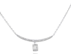 .22CT DIAMOND 14KT WHITE GOLD CLASSIC ROUND & BAGUETTE SQUARE BAR LOVE NECKLACE