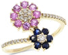 .72CT DIAMOND & AAA PINK & BLUE SAPPHIRE 14K YELLOW GOLD DOUBLE FLOWER LOVE RING
