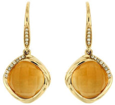 13.74CT DIAMOND & AAA CITRINE 14K YELLOW GOLD 3D CUSHION SQUARE HANGING EARRINGS