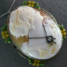 ANTIQUE LARGE .05CT DIAMOND & ENAMEL 14KT WHITE GOLD LADY CAMEO BROOCH PENDANT
