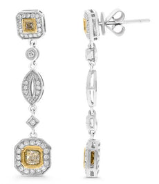 1.18CT WHITE & FANCY YELLOW DIAMOND 18KT 2 TONE GOLD 3D CUSHION & ROUND EARRINGS