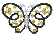 2.3CT WHITE BLACK & FANCY YELLOW DIAMOND 14KT 2 TONE GOLD BUTTERFLY BROOCH PIN