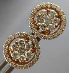 ESTATE LARGE 1.06CT DIAMOND 14KT ROSE GOLD 3D CLASSIC FLOWER HALO STUD EARRINGS