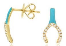 .10CT DIAMOND & GREEN ENAMEL 14KT YELLOW GOLD LUCKY HORSESHOE HANGING EARRINGS