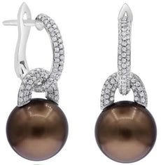 .64CT DIAMOND & AAA BROWN PEARL 14K WHITE GOLD 3D LOVE KNOT FUN HANGING EARRINGS
