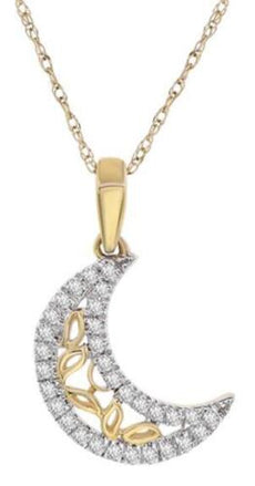 ESTATE .18CT DIAMOND 14K YELLOW GOLD ROUND MULTI LEAF MOON LOVE FLOATING PENDANT