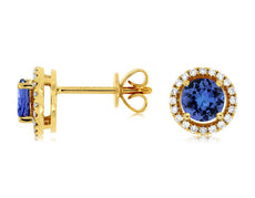 1.15CT DIAMOND & AAA TANZANITE 14KT YELLOW GOLD ROUND HALO CLASSIC STUD EARRINGS
