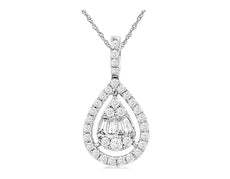 .50CT DIAMOND 14K WHITE GOLD ROUND & BAGUETTE CLUSTER TEAR DROP HALO FUN PENDANT