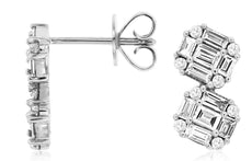.69CT DIAMOND 14K WHITE GOLD 3D ROUND & BAGUETTE DOUBLE OCTAGON HANGING EARRINGS