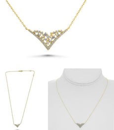 .31CT DIAMOND 14K YELLOW GOLD ROUND & BAGUETTE CLUSTER V SHAPE FUN LOVE NECKLACE