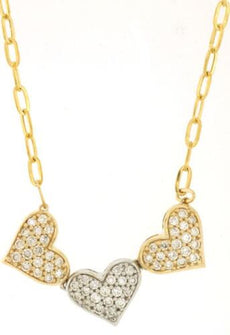 .55CT DIAMOND 14KT TRI COLOR GOLD ROUND CLASSIC PAVE TRIPLE HEART LOVE NECKLACE