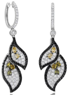 3.33CT WHITE BLACK & FANCY YELLOW DIAMOND 18K WHITE GOLD 3D DOUBLE LEAF EARRINGS