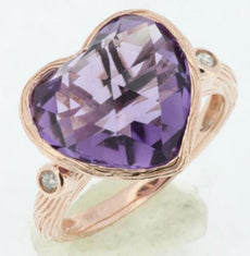 WIDE 6.85CT DIAMOND & AAA AMETHYST 14KT ROSE GOLD HEART SHAPE & ROUND LOVE RING