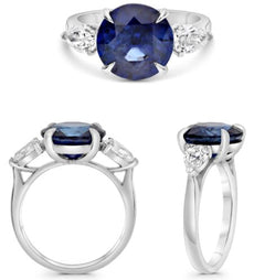 6.19CT DIAMOND & AAA SAPPHIRE PLATINUM ROUND & PEAR SHAPE 3 STONE CLASSIC RING
