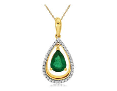 .78CT DIAMOND & AAA EMERALD 14K 2 TONE GOLD PEAR SHAPE & ROUND TEAR DROP PENDANT
