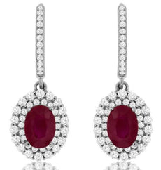 2.65CT DIAMOND & AAA RUBY 14KT WHITE GOLD OVAL & ROUND CLASSIC HANGING EARRINGS