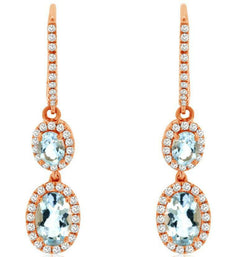 1.45CT DIAMOND & AAA AQUAMARINE 14KT ROSE GOLD 3D OVAL & ROUND HANGING EARRINGS