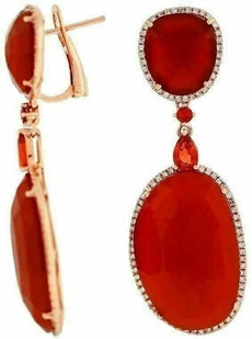 ESTATE .72CT DIAMOND & AAA RED AGATE & SAPPHIRE 14KT ROSE GOLD HANGING EARRINGS
