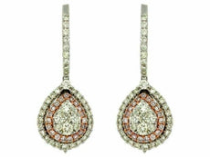 ESTATE 1.46CT WHITE & PINK DIAMOND 14KT TWO TONE GOLD 3D FLOWER HANGING EARRINGS