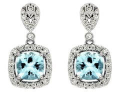 2.22CT DIAMOND & AAA AQUAMARINE 14KT WHITE GOLD CUSHION & ROUND HANGING EARRINGS