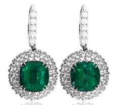 LARGE 30.21CT DIAMOND & AAA EMERALD 18KT WHITE GOLD 3D FLOWER HANGING EARRINGS