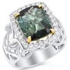 LARGE 5.3CT DIAMOND & AAA GREEN TOURMALINE 18KT 2 TONE GOLD CUSHION & ROUND RING