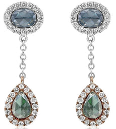 .92CT WHITE BLUE & GREEN ROSE CUT DIAMOND 18K WHITE & ROSE GOLD HANGING EARRINGS