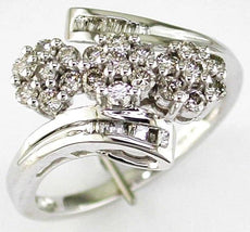 .66CT DIAMOND 14K WHITE GOLD ROUND & BAGUETTE 3 FLOWER DIAGONAL CRISS CROSS RING