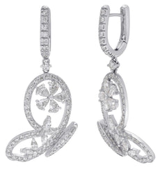 3.19CT DIAMOND 18KT WHITE GOLD 3D ROUND & PEAR SHAPE BUTTERFLY HANGING EARRINGS