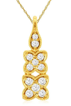.17CT DIAMOND 14KT YELLOW GOLD DOUBLE FLOWER FILIGREE TEAR DROP FLOATING PENDANT