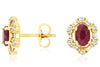 1.52CT DIAMOND & AAA RUBY 14KT YELLOW GOLD OVAL ROUND & BAGUETTE FLOWER EARRINGS