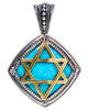 ESTATE AAA TURQUOISE 18K YELLOW GOLD & 925 SILVER STAR OF DAVID FLOATING PENDANT