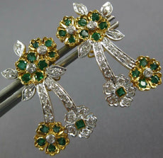 LARGE 1.95CT DIAMOND & AAA EMERALD 18K 2 TONE GOLD MULTI FLOWER HANGING EARRINGS