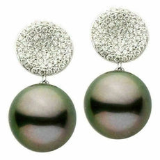 ESTATE LARGE .54CT DIAMOND & AAA TAHITIAN PEARL 14KT WHITE GOLD HANGING EARRINGS
