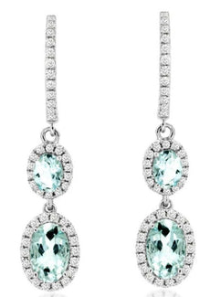 1.45CT DIAMOND & AAA AQUAMARINE 14KT WHITE GOLD 3D OVAL & ROUND HANGING EARRINGS
