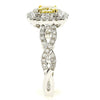 1.08CT WHITE & FANCY YELLOW DIAMOND 18K 2 TONE CUSHION & ROUND ENGAGEMENT RING