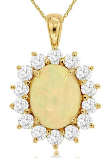 4.90CT DIAMOND & AAA OPAL 14KT YELLOW GOLD OVAL & ROUND FLOWER FLOATING PENDANT