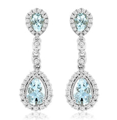 1.32CT DIAMOND & AAA AQUAMARINE 14KT WHITE GOLD PEAR SHAPE HALO HANGING EARRINGS