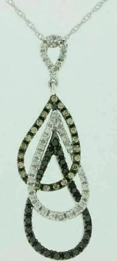.40CT WHITE BLACK & MOCHA DIAMOND 14KT WHITE GOLD 3D TEAR DROP LOVE KNOT PENDANT