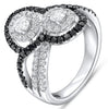 LARGE 1.6CT WHITE & BLACK DIAMOND 14K WHITE & BLACK GOLD DOUBLE FLOWER LOVE RING