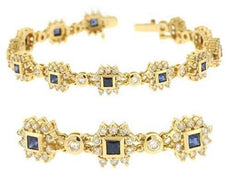 4.88CT DIAMOND & AAA SAPPHIRE 14KT YELLOW GOLD ROUND & PRINCESS TENNIS BRACELET