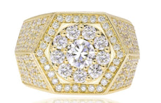 ESTATE LARGE 4.24CT DIAMOND 14KT YELLOW GOLD SOLITAIRE FLORAL HEXAGON MENS RING