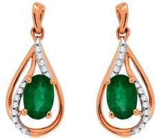 .98CT DIAMOND AAA EMERALD 14KT ROSE GOLD OVAL & ROUND TEAR DROP HANGING EARRINGS